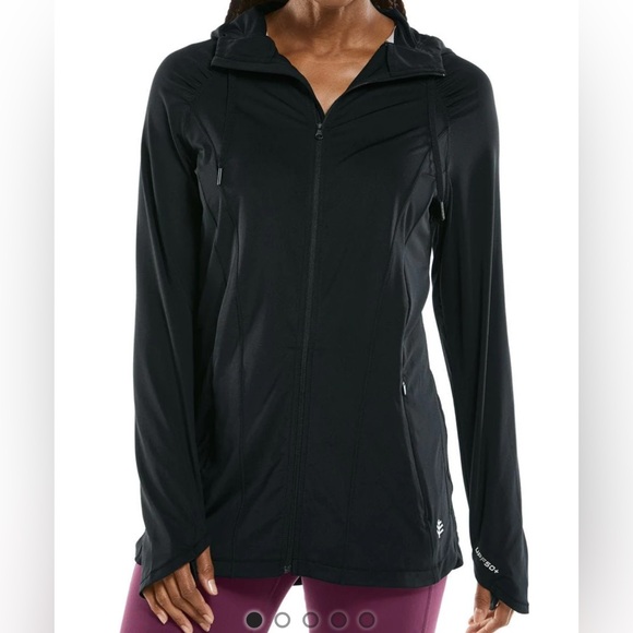 Woman’s Coolibar UPF50 Astir Full Zip Jacked Black/ Blue Camo Thumbholes Hoody - Picture 4 of 6